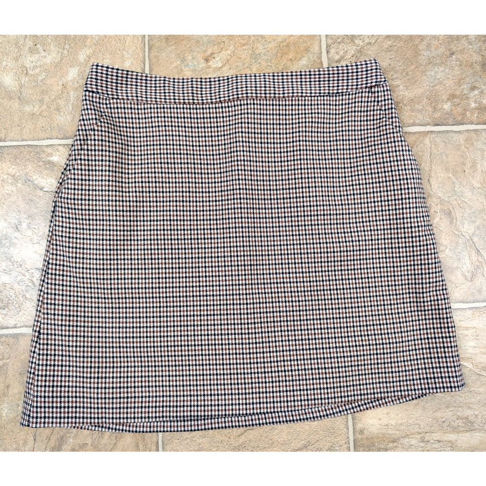 MNG sz M Mini Skirt lined tiny plaid print brown black tan pockets women 0956 - Picture 2 of 4